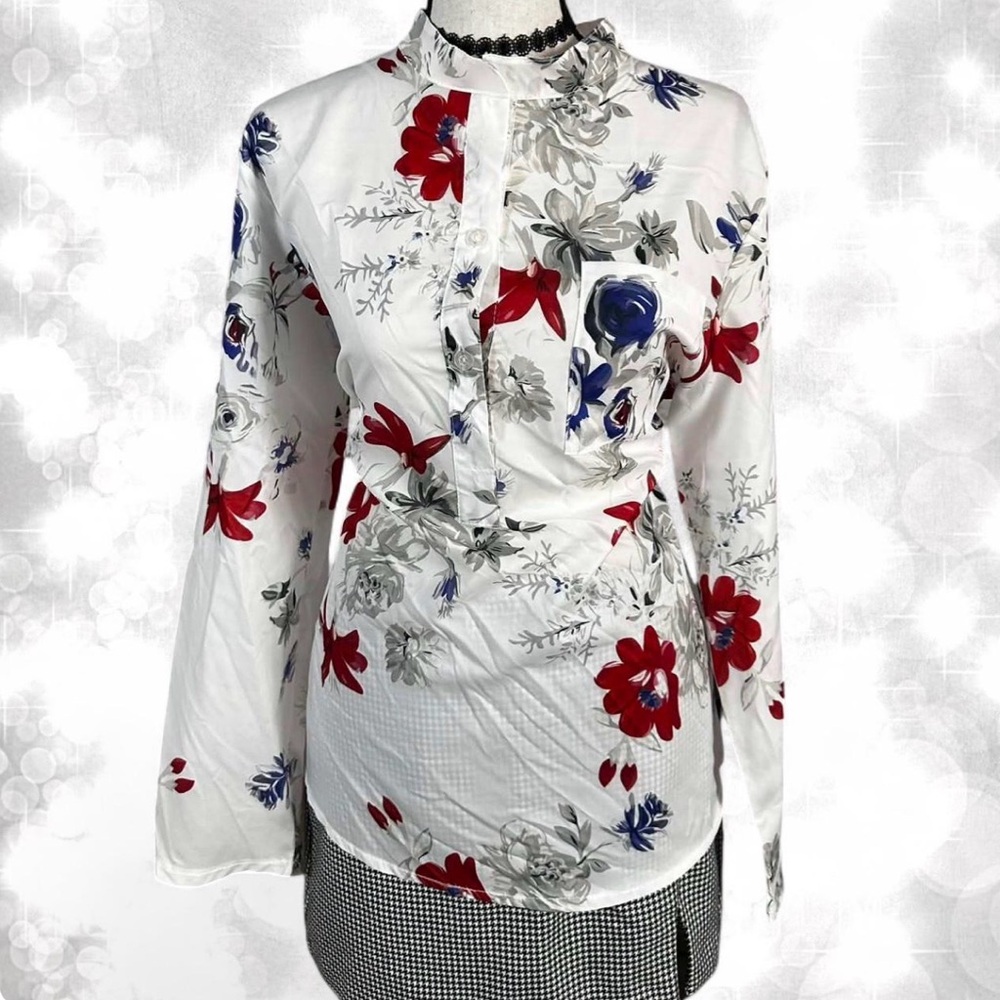 Boho Chic Floral White Multicolored Long Sleeve Button Blouse - Picture 1 of 6